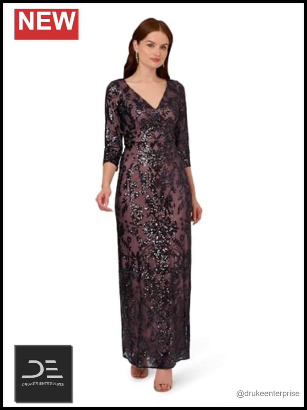 Adrianna Papell Beaded V-Neck Sheath Formal Gown